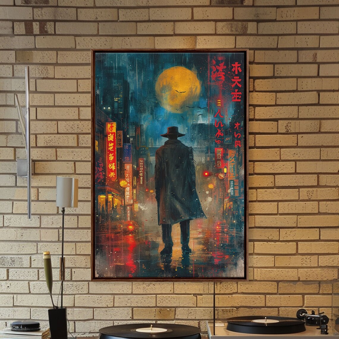 Tokyo Night Rainy Street Poster Detective Under Golden Moon Cityscape - Image 2