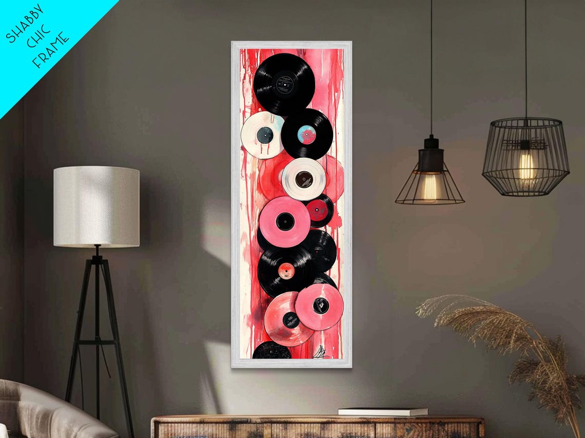 Pink Black And White Vinyl Records Stacked Retro Music Wall Art - Image 5
