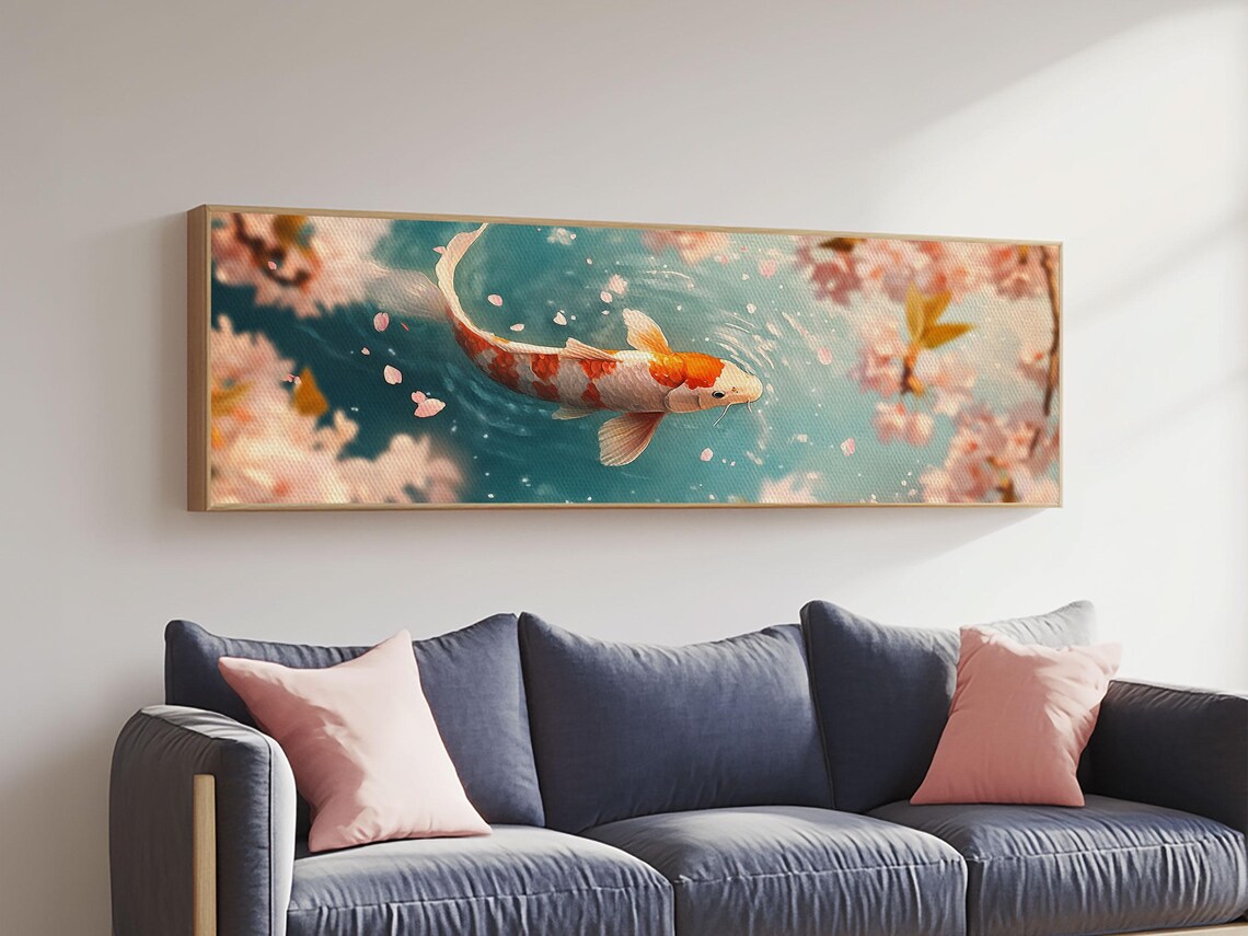 Koi Fish Cherry Blossom Panoramic Painting Orange White Swimming Turquoise Poster - Image 3