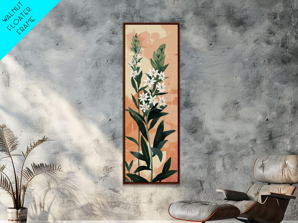 White Lily Flowers On Tall Stems Peach Background Japanese Wall Art