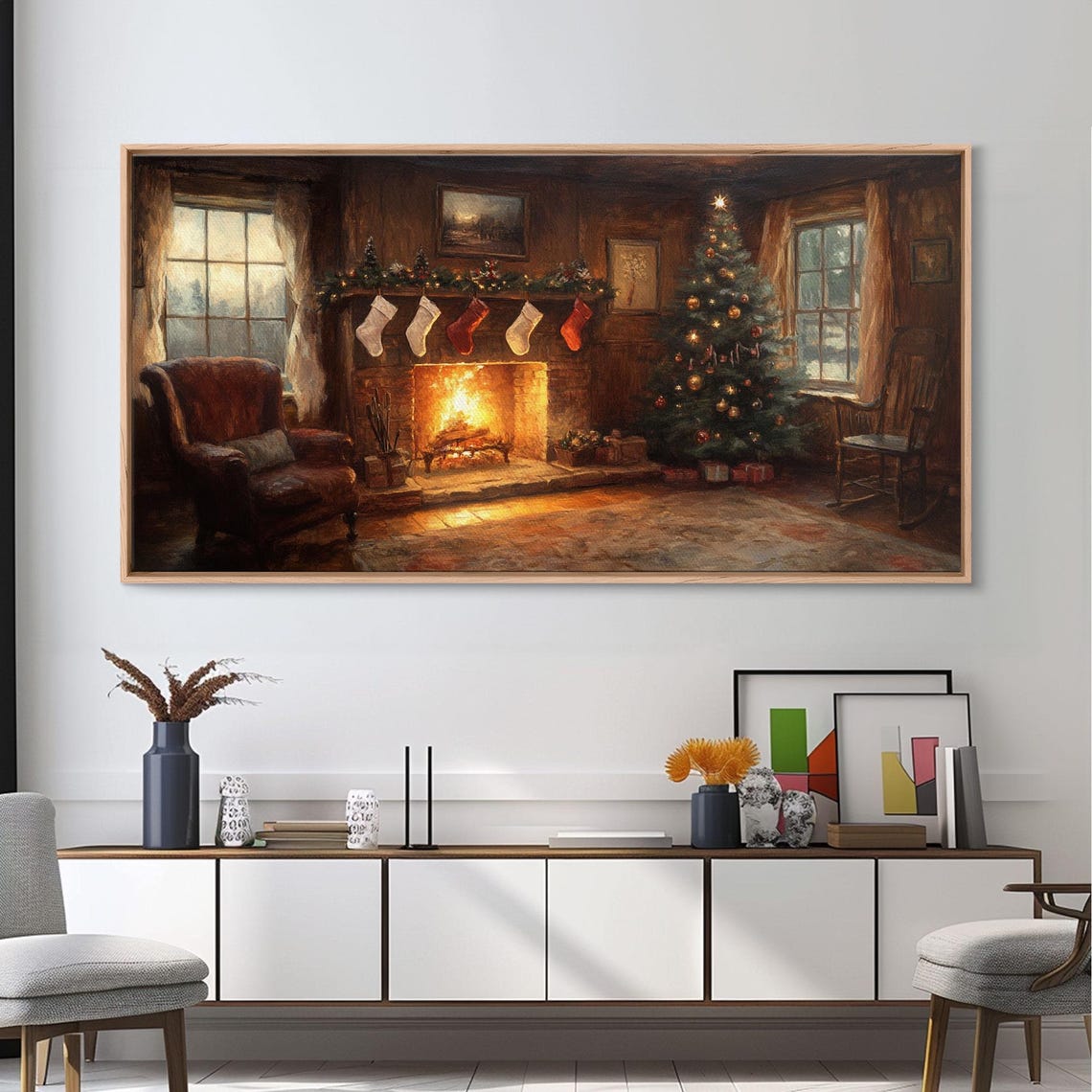 Christmas Fireplace Stockings Tree Leather Chair Vintage Wall Art - Image 6