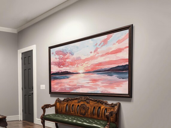 Pink Sunset Seascape Watercolor Sun Over Calm Water Ocean Poster