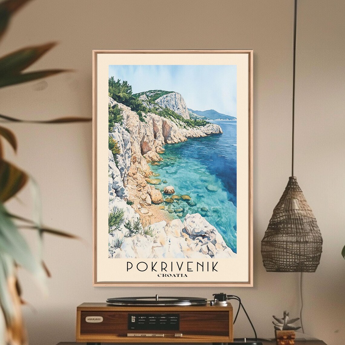 Pokrivenik Croatia White Rocky Cliffs Clear Turquoise Sea Pine Coast Watercolor Poster - Image 2