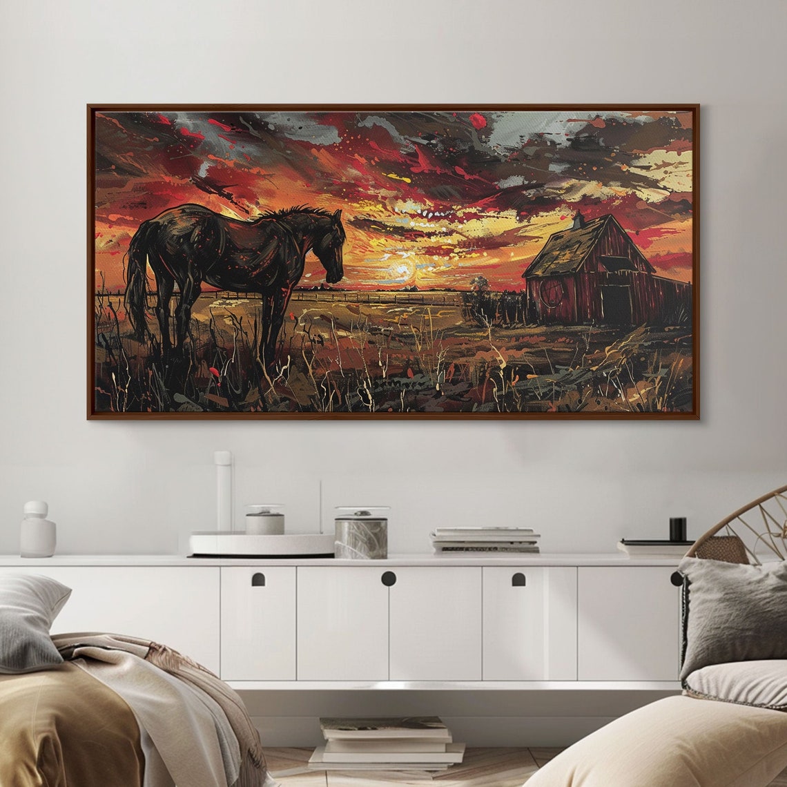 Dark Horse At Sunset Red Barn Fiery Red Orange Dramatic Sky Wall Art - Image 3