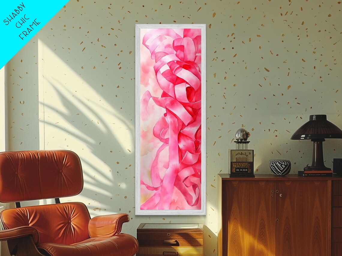 Pink Ribbons Print Abstract Feminine Wall Art Whimsical Vertical Decor Skinny Boho Gift Idea Light Pink Aesthetic - Image 3