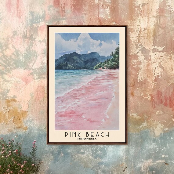 Pink Beach Indonesia Blush Sand Shore Green Hills Cloud Sky Poster