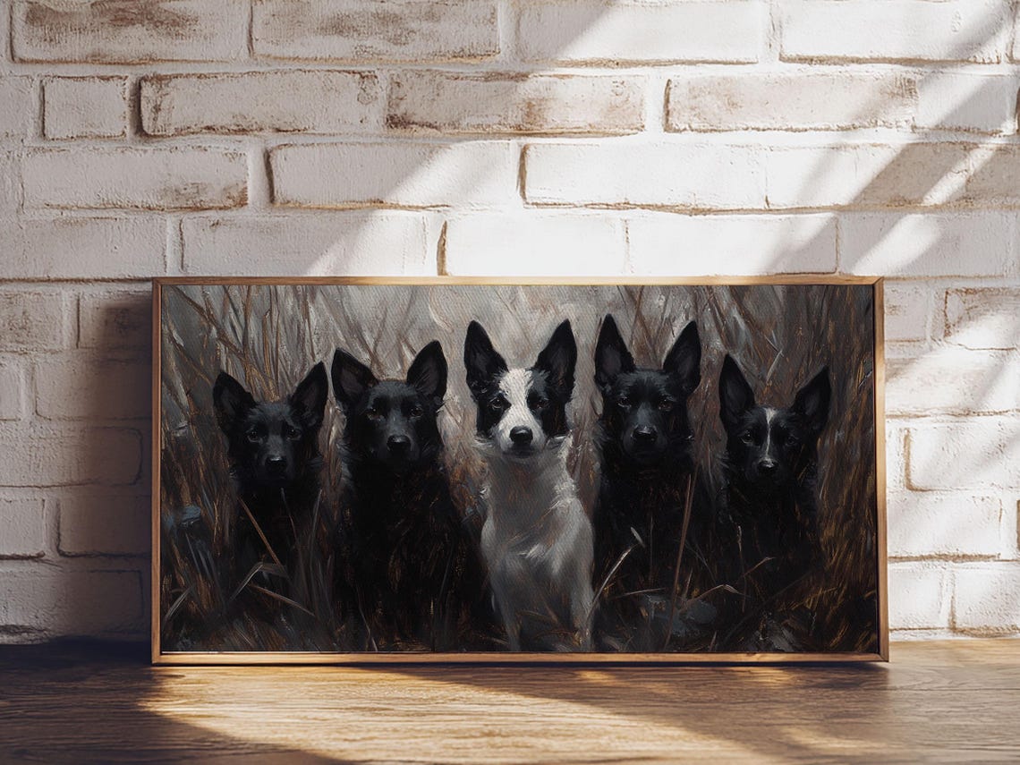 Five Black Hunting Dogs Pack Tall Grass Oil Painting Wall Art - Image 6