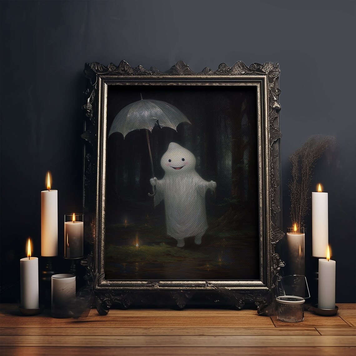 Cute Smiling Ghost With Umbrella Rainy Night Forest Halloween Goth Wall Art Poster - Image 4