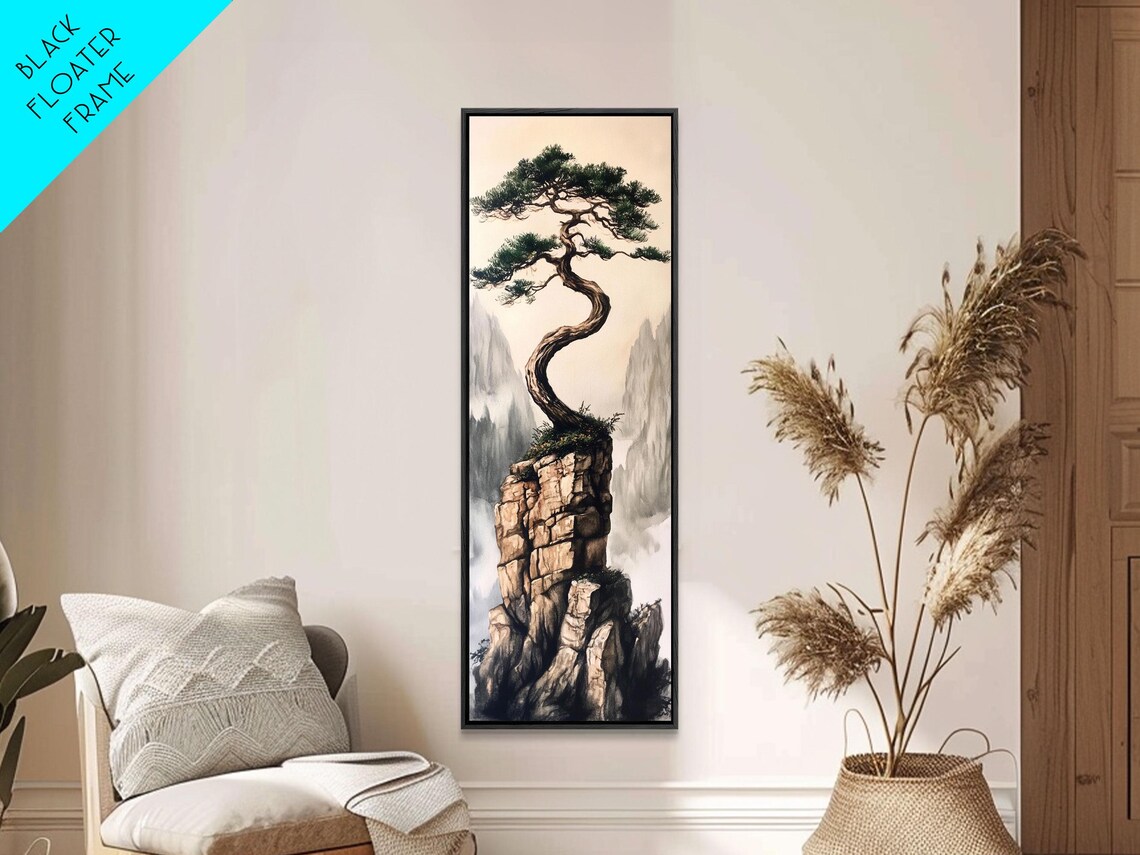 Twisted Pine Tree Rocky Cliff Misty Mountain Asian Ink Painting Style Poster - Image 2