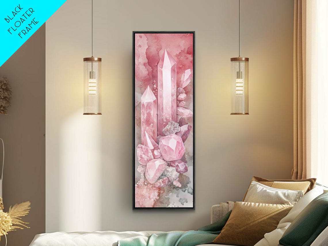 Rose Quartz Crystal Cluster Watercolor Vertical Moody Healing Wall Art - Image 3