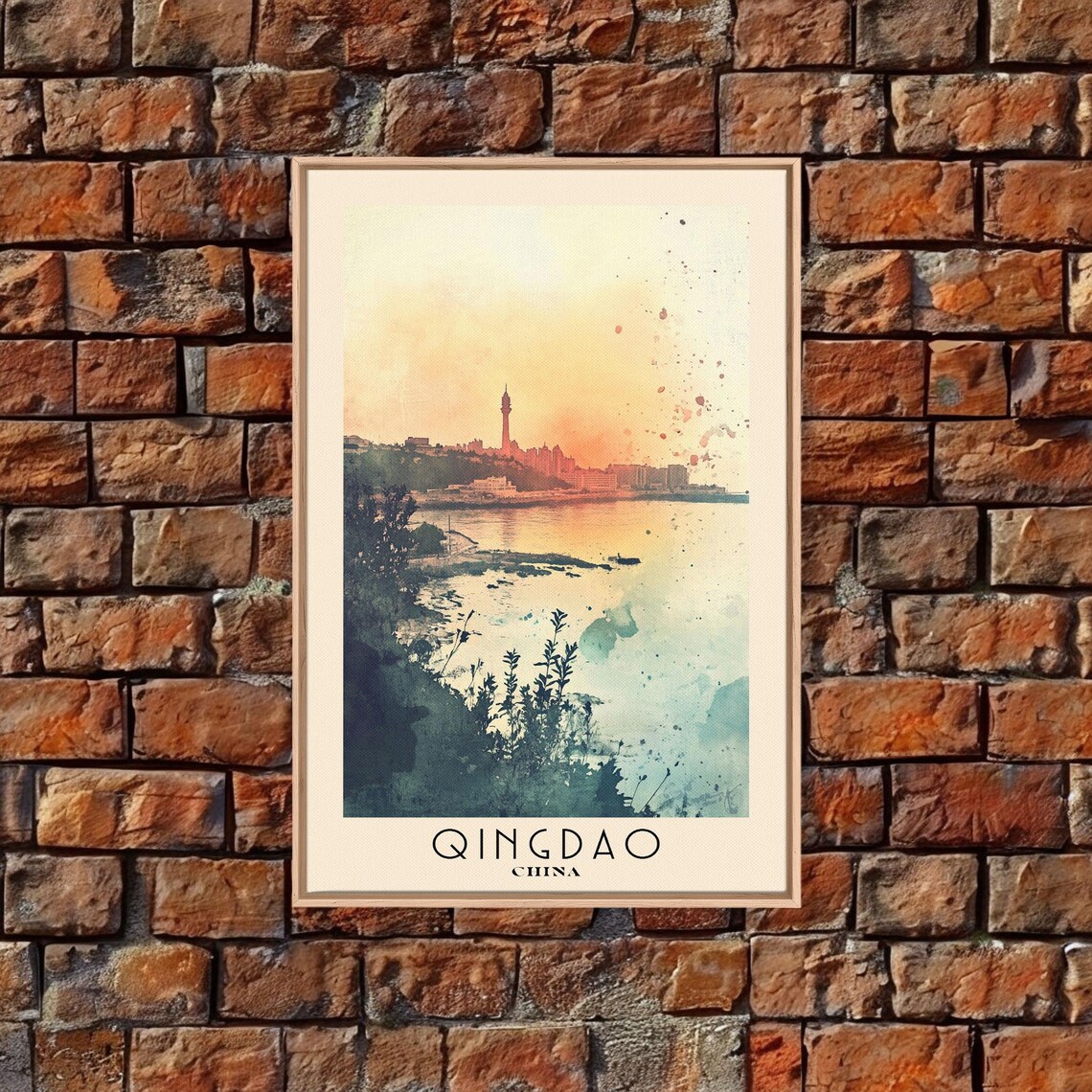 Qingdao China City Skyline Sunset Orange Sky Harbor Tower Coastal Watercolor Poster - Image 4