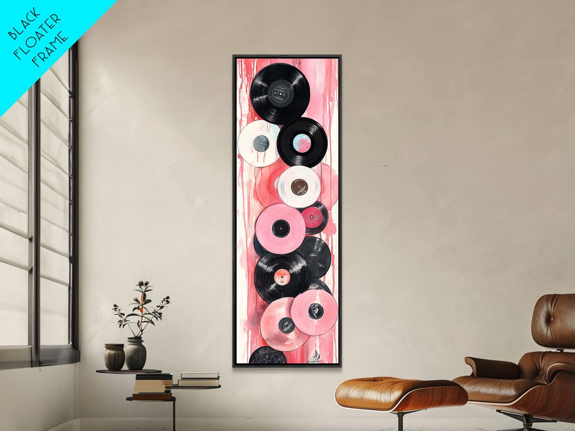 Pink Black And White Vinyl Records Stacked Retro Music Wall Art - Image 2