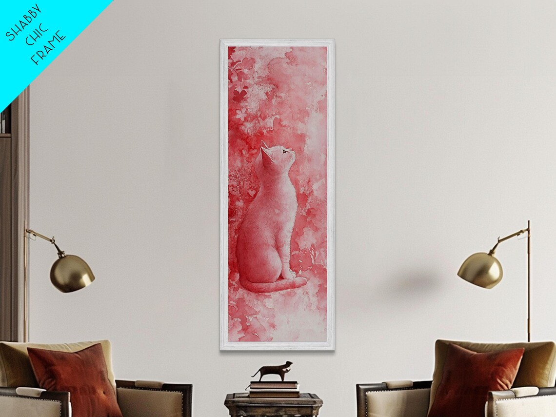 Pink Watercolor Cat Sitting Floral Whimsical Animal Wall Art - Image 3