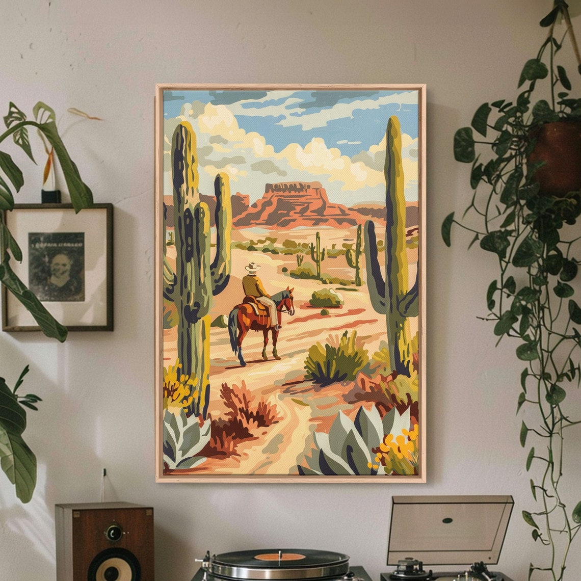 Cowboy Riding Desert Trail With Saguaro Cacti Retro Western Poster - Image 3