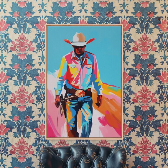 Vibrant Cowboy In Desert Silhouette Framed Print Colorful Western Art Modern Cowboy Wall Art For Living Room Decor
