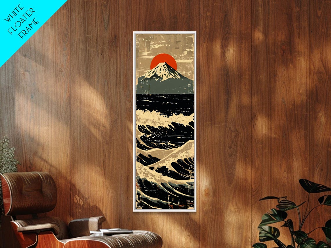 Mount Fuji With Red Sun And Dramatic Ocean Waves Retro Travel Poster