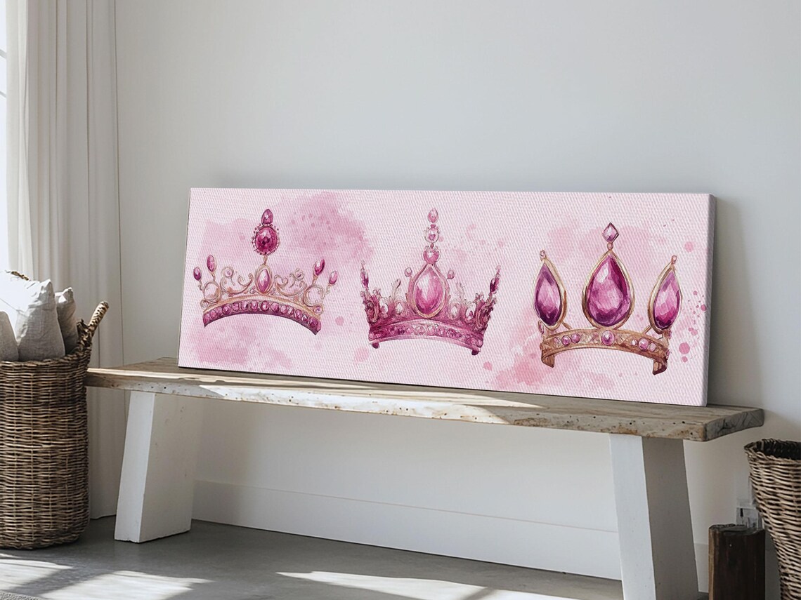 Pink Jeweled Crowns Watercolor Royal Gemstone Magenta Crown Canvas Art Poster - Image 6