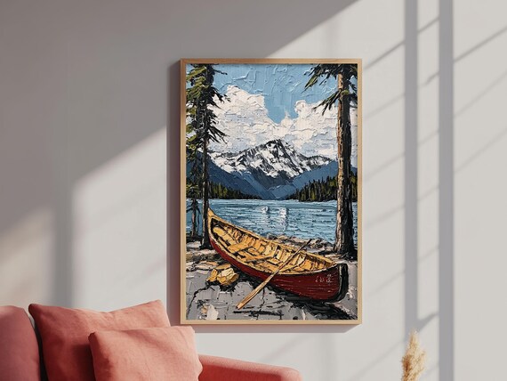 Canoe In The Mountains Framed Print Abstract Pacific Northwest Oil Painting Print Oregon Or Washington Wall Art Nuevart