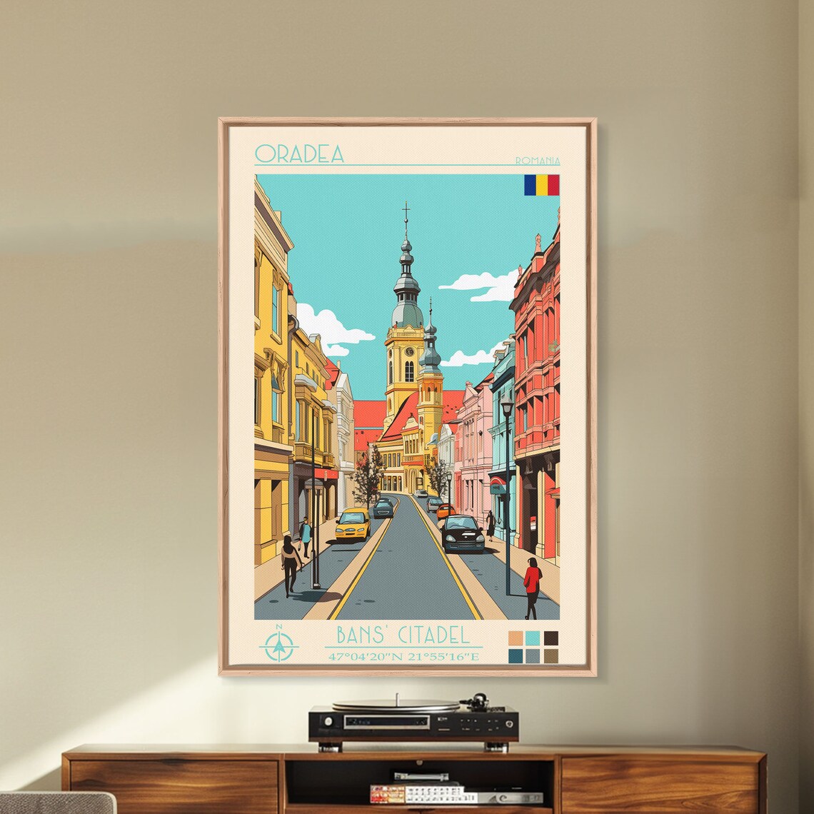 Oradea Romania Colorful Old Town Street Church Tower Travel Poster - Image 3