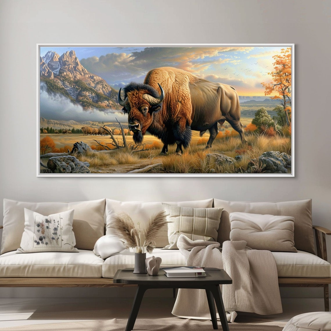 Majestic Bison Autumn Prairie Mountain Valley Wildlife Art Poster - Image 3