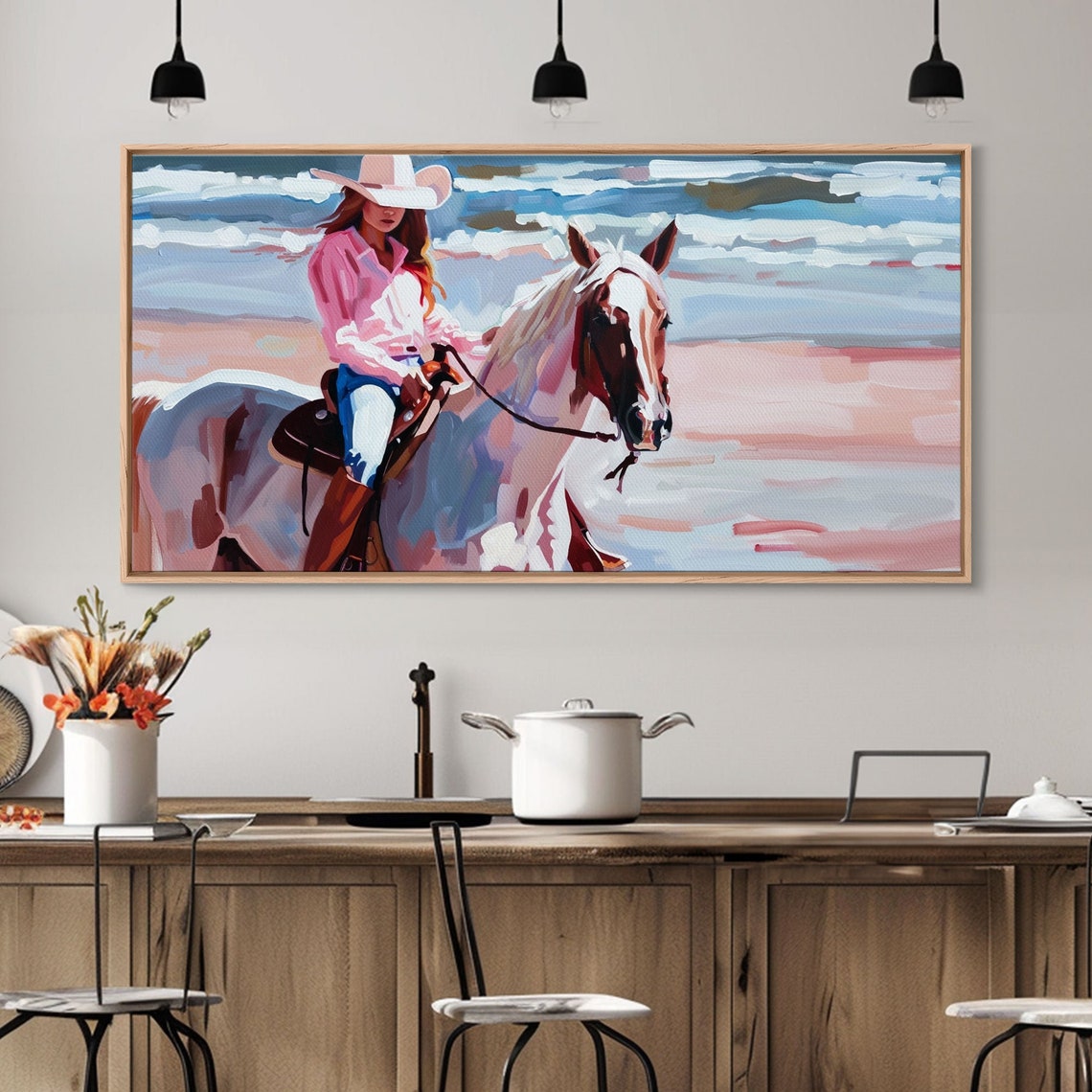 Cowgirl In Pink Shirt Riding Horse By The Sea Beautiful Framed Print Coastal Living Room Art Beach Bedroom Decor Horse Art