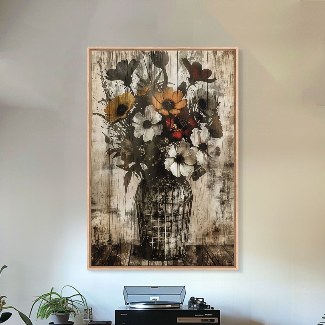 Wildflowers Wire Basket Vase Distressed Farmhouse Rustic Art Poster - Image 3