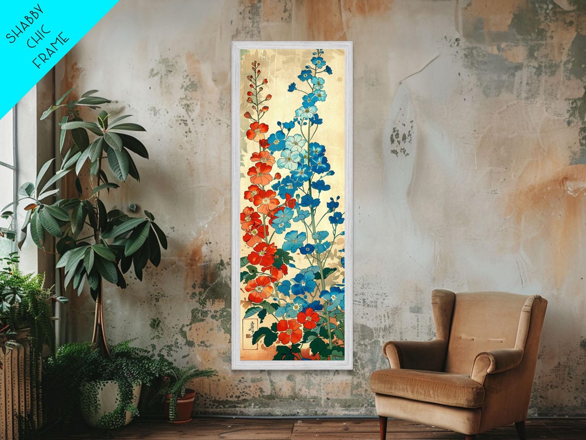 Delphinium Flowers Red Blue Cream Ukiyo E Tall Japanese Art Poster - Image 2