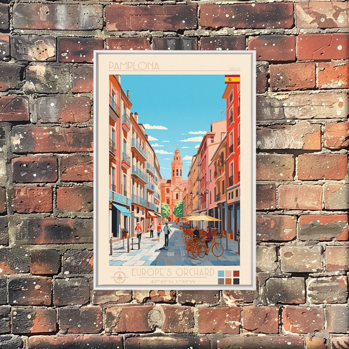 Pamplona Spain Old Town Street Church Tower Cyclists Travel Poster - Image 4
