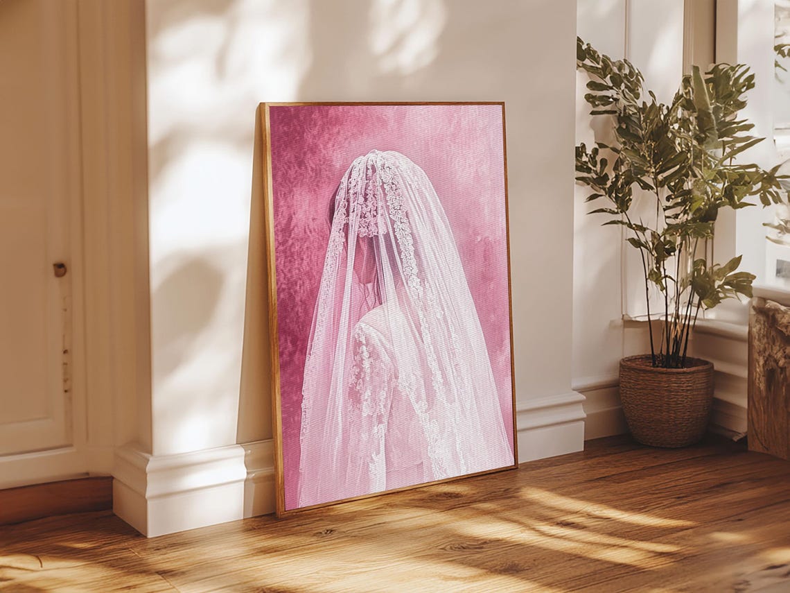 Pink Bride Veil Silhouette Romantic Bridal Portrait Art Wall Poster - Image 3