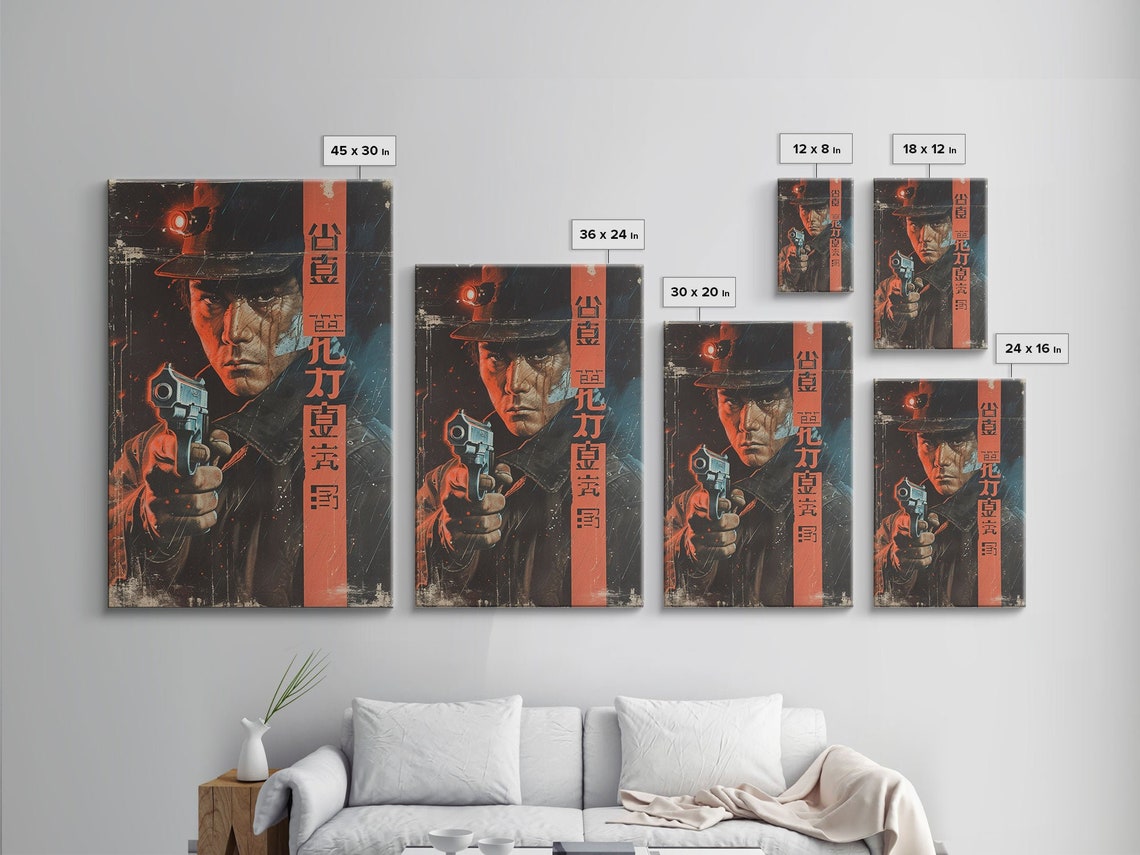 Japanese Detective Noir Film Red Neon Rain Gunslinger Wall Art - Image 2
