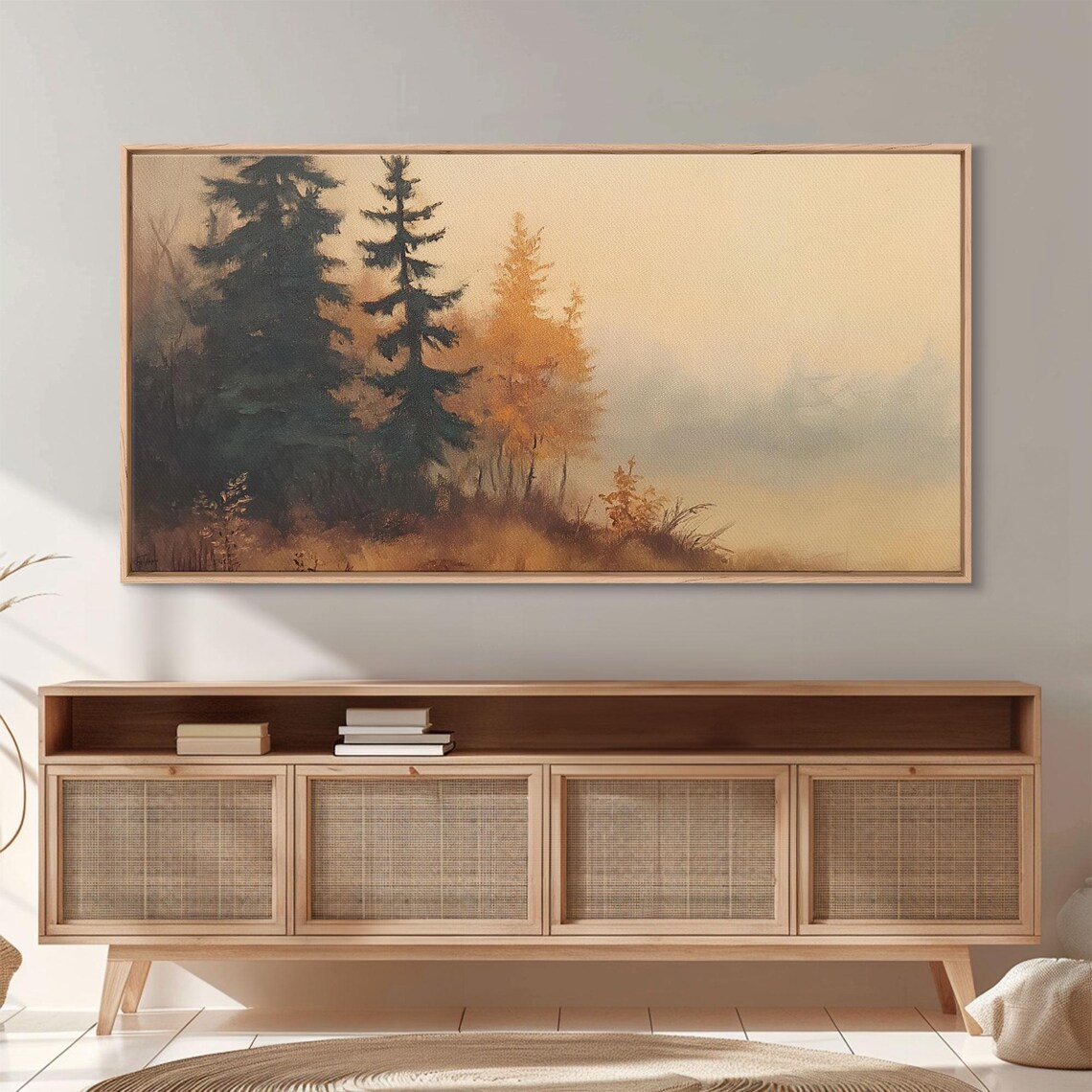 Autumn Watercolor Pines Golden Birch Foggy Morning Minimal Poster