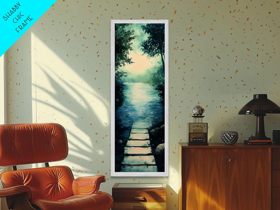 Serene Blue River Stepping Stones Misty Forest Path Art Poster - Image 4