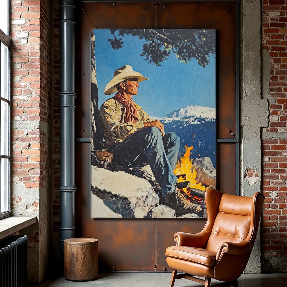 Cowboy Resting By Campfire Snowy Mountain Camp Western Scene Poster - Image 5