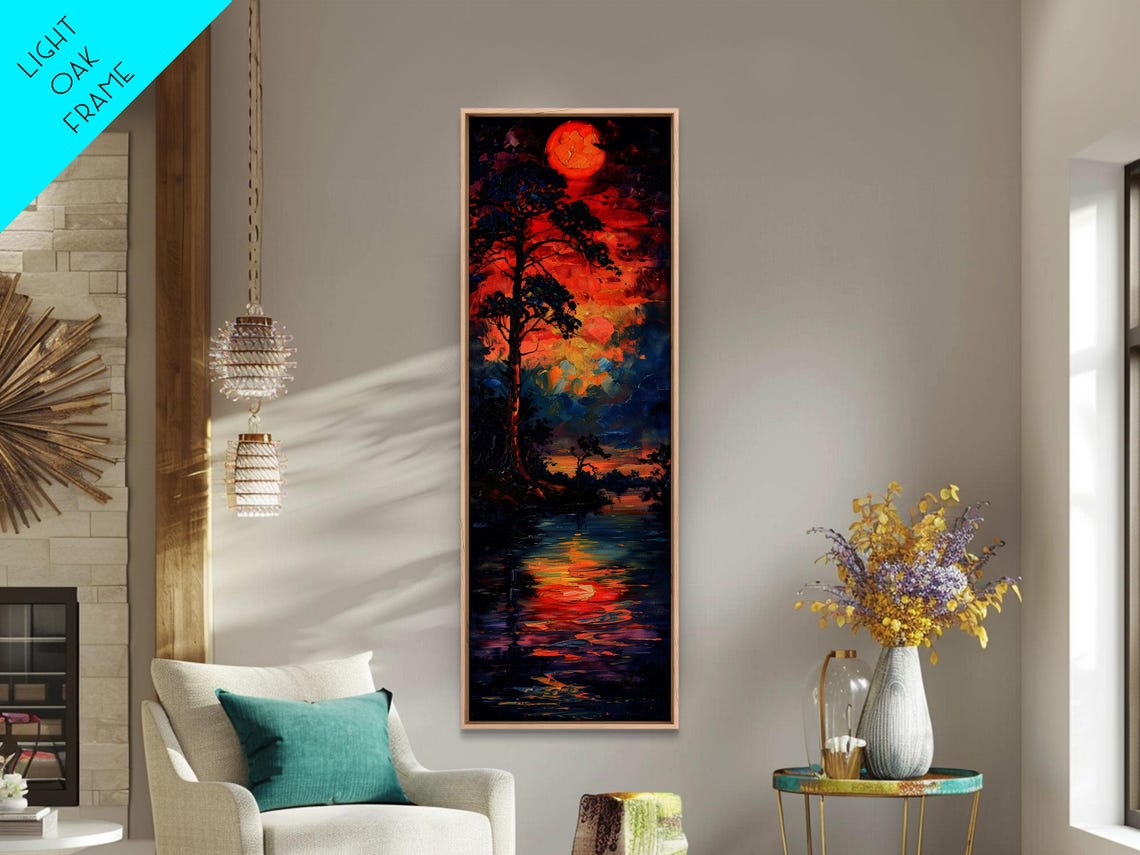 Sunset Over Lake With Lone Pine Tree Impasto Colorful Evening Poster - Image 4