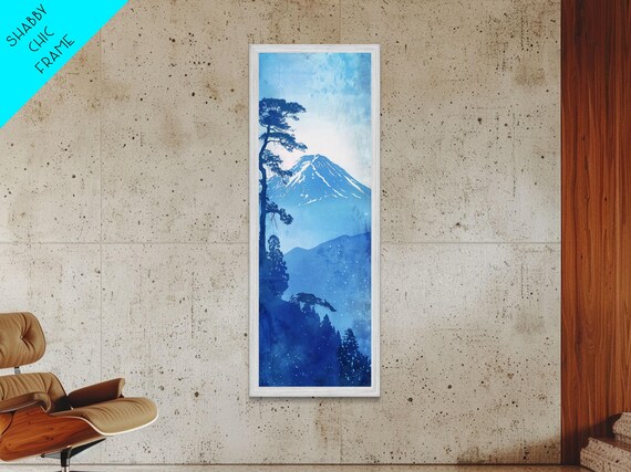 Skinny Art Tall Art Framed Print Japanese Style Art Blue Mount Fuji Forest Wood Block Print Ukiyo E Feng Shui Wall Art