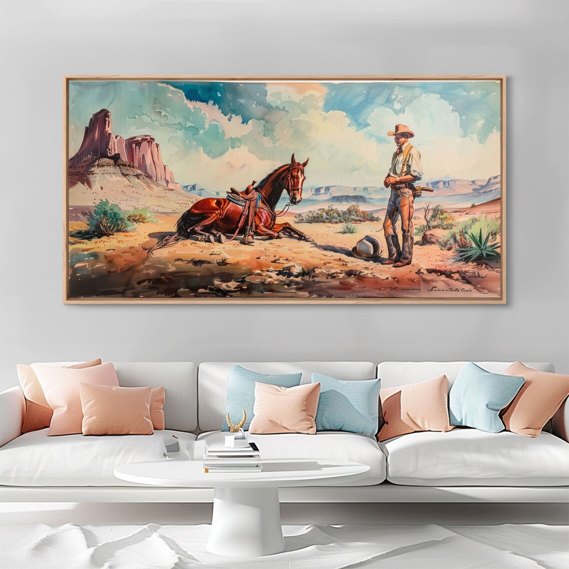 Cowboy Resting Horse Desert Mesas Watercolor Classic Western Poster - Image 5