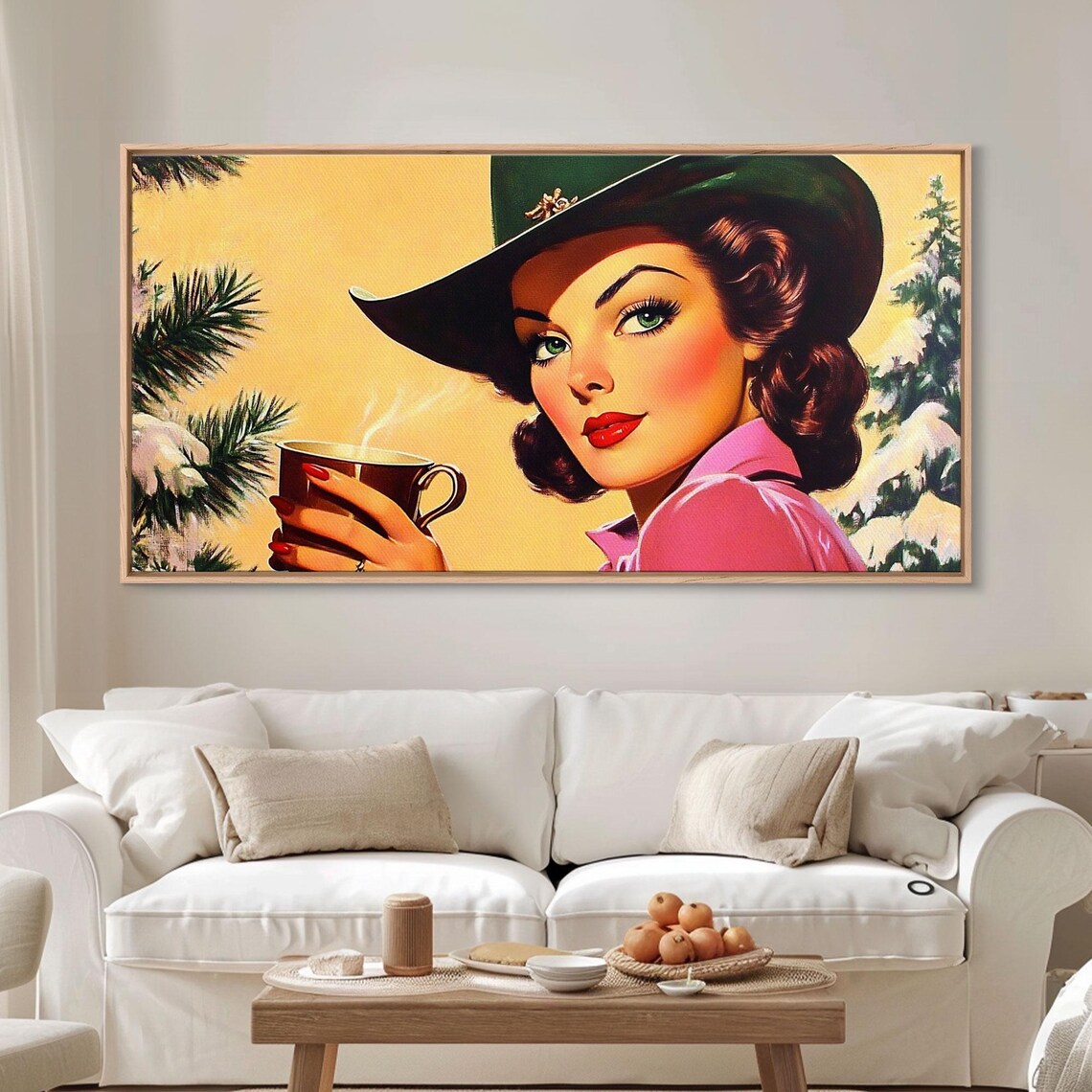 Retro Cowgirl In Green Hat With Coffee Snowy Winter Pines Pinup Poster - Image 5