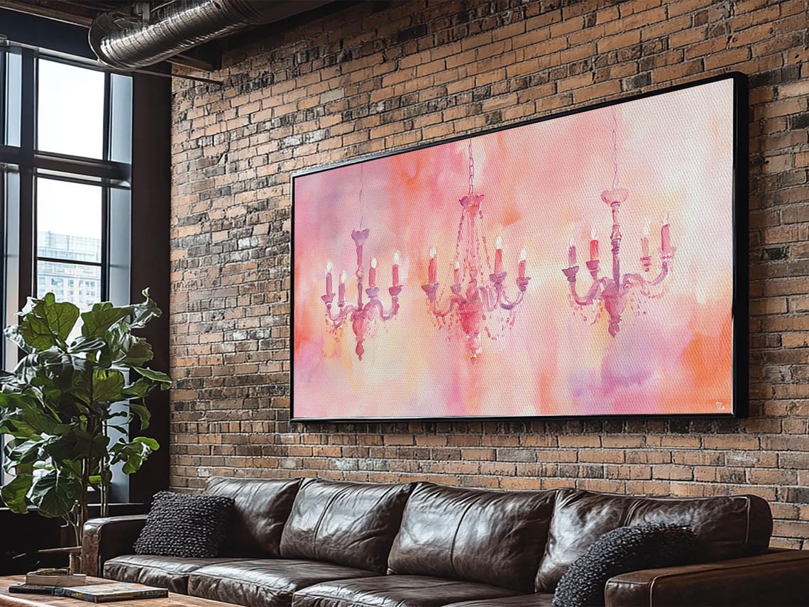 Pink Candle Chandeliers Trio Watercolor Warm Romantic Lighting Poster - Image 3