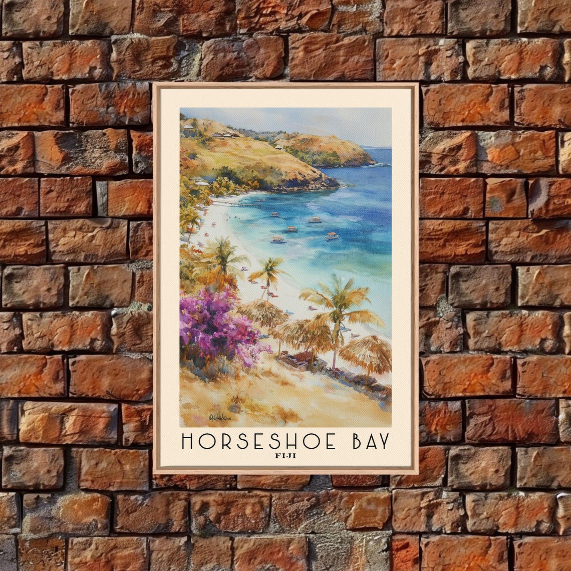 Horseshoe Bay Fiji Beach Palms Boats Bougainvillea Watercolor Poster - Image 5