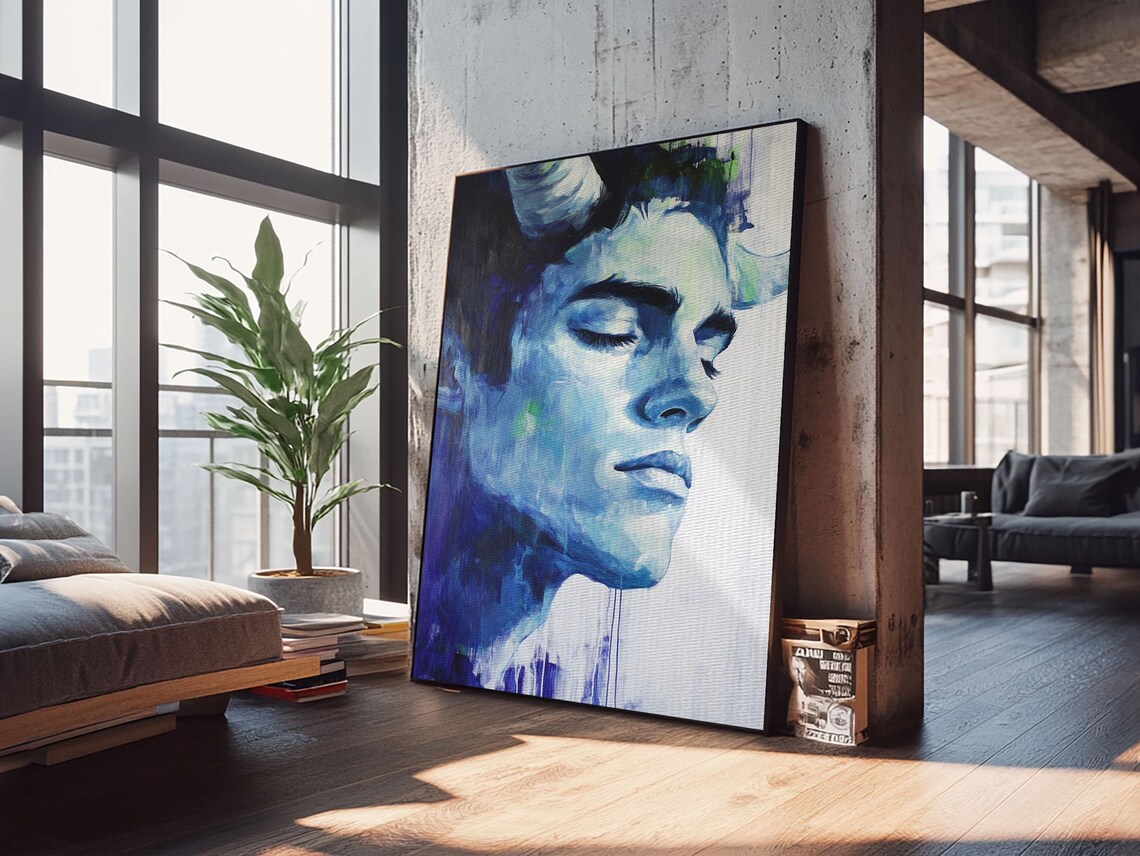 Satyr Face Watercolor Blue Eyes Closed Dreamy Fantasy Creature Art Poster - Image 2