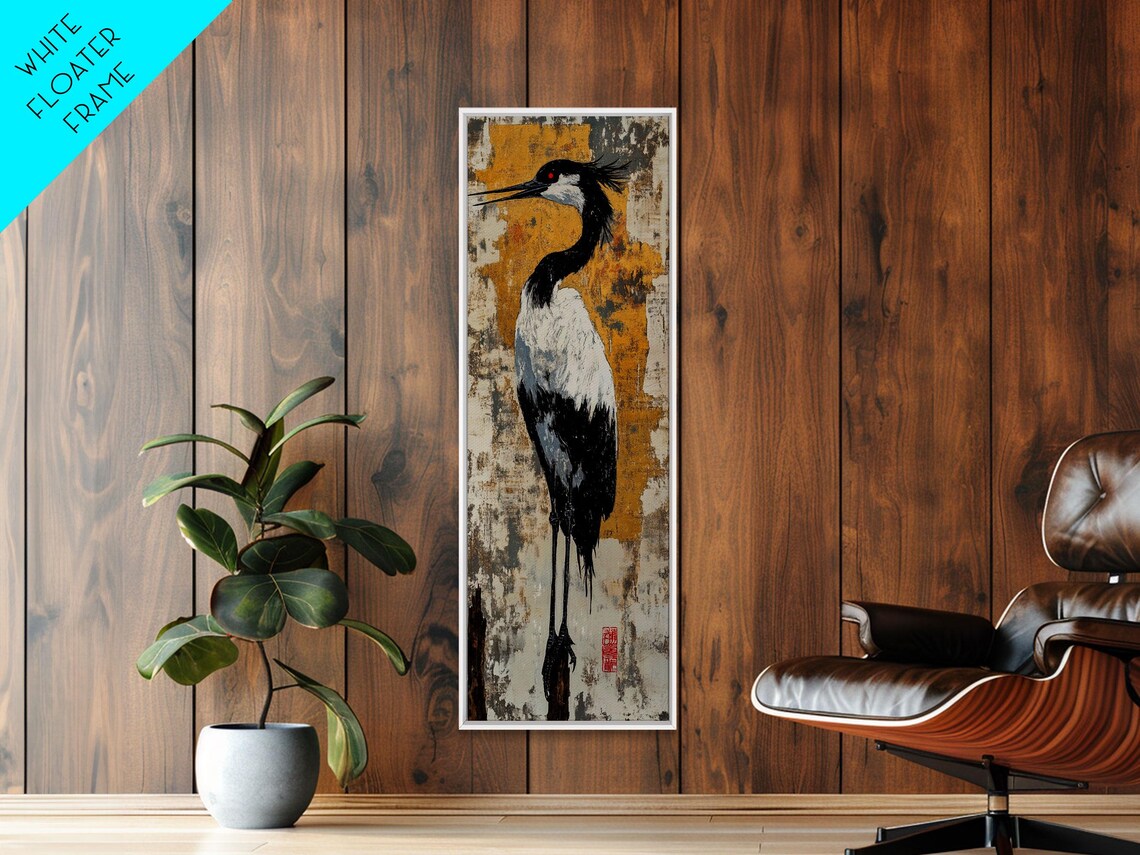 Black White Crane Gold Textured Background East Asian Bird Painting Poster - Image 2