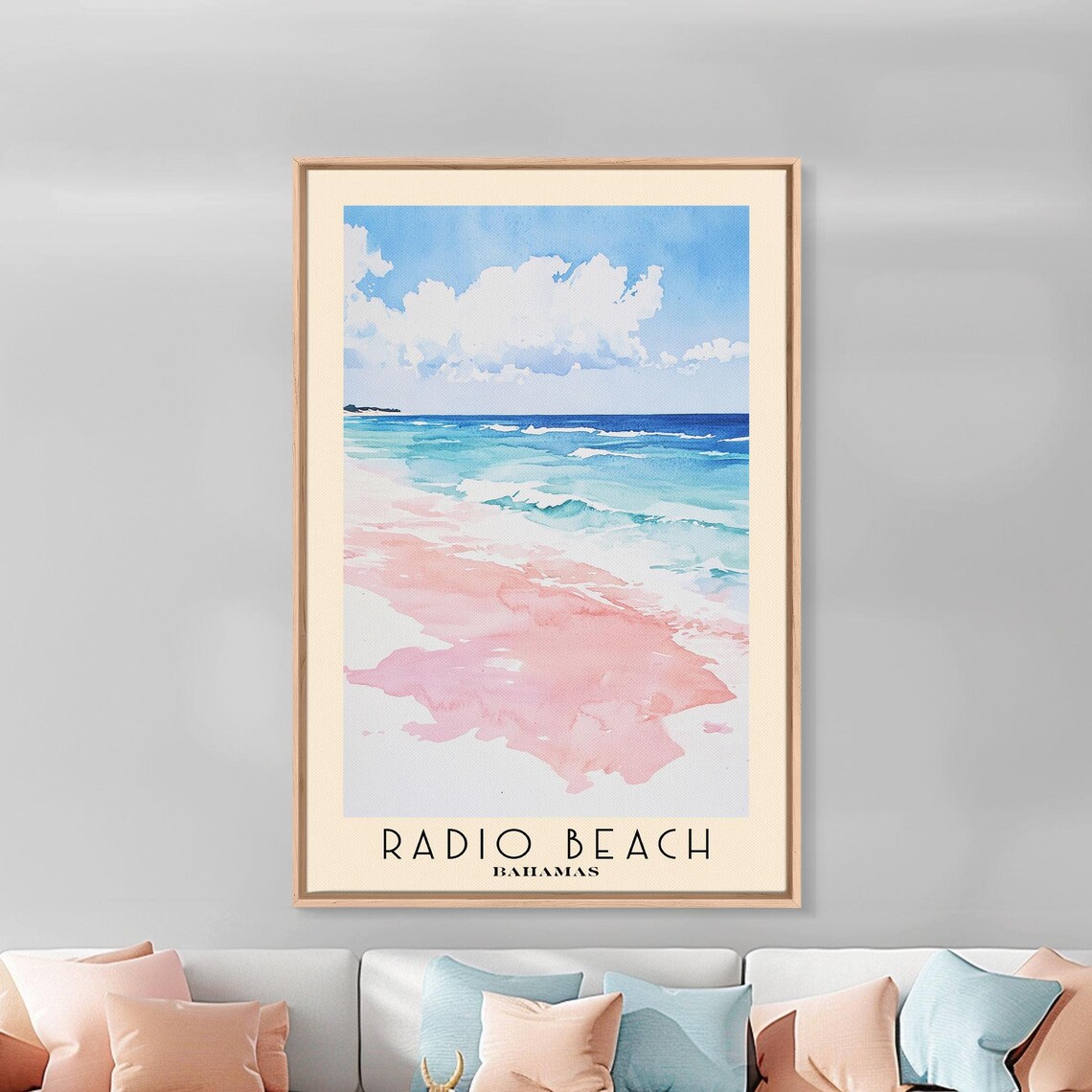 Radio Beach Bahamas Pink Sand Beach Turquoise Surf White Clouds Watercolor Poster - Image 3