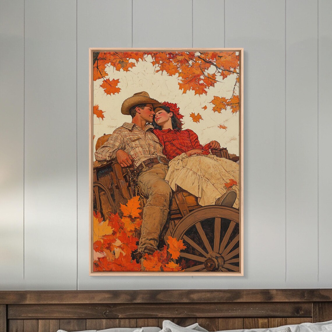 Cowboy Couple Kissing In Wooden Wagon Autumn Maple Leaves Art Poster - Image 5