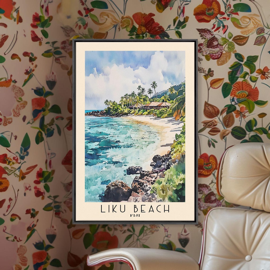 Liku Beach Fiji Turquoise Bay Palm Trees Rocky Shore Watercolor Poster - Image 2