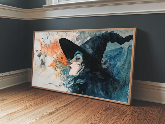 Witch Watercolor Portrait Panoramic Dark Magic Smoke Profile Blue Orange Poster