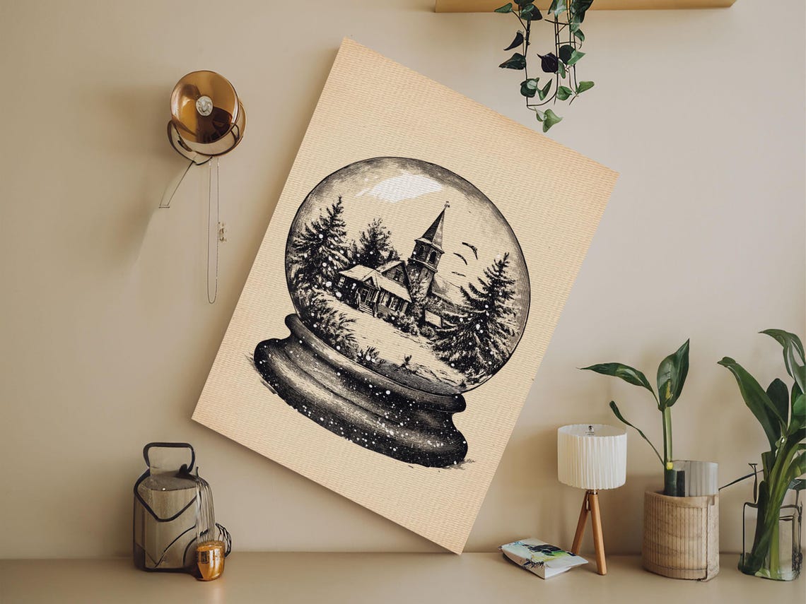 Snow Globe Church Winter Village Vintage Sketch Christmas Poster - Image 6