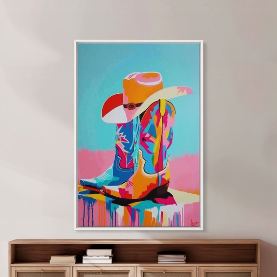 Colorful Cowboy Boots And Hat Illustration Framed Print Vibrant Western Decor Cowboy Art For Living Room Western Wall Art