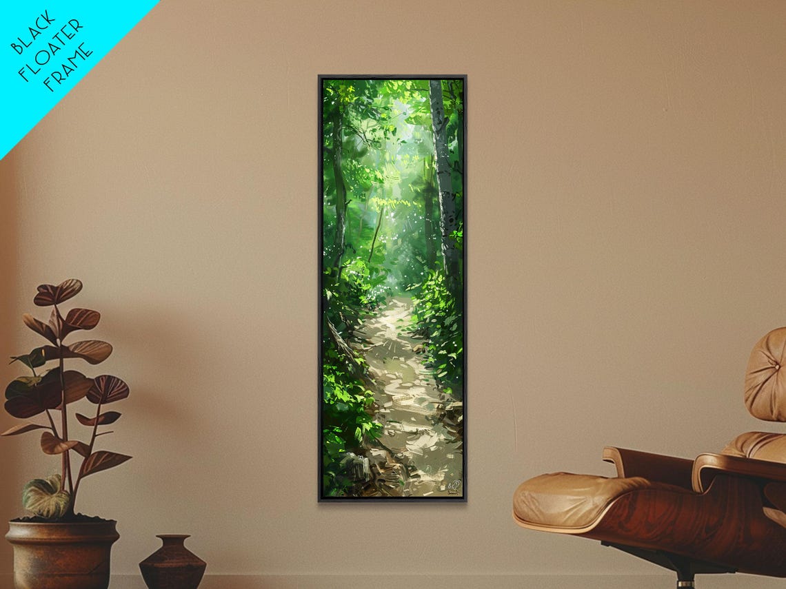 Sunlit Birch Forest Pathway Green Woodland Painting Wall Print - Image 3