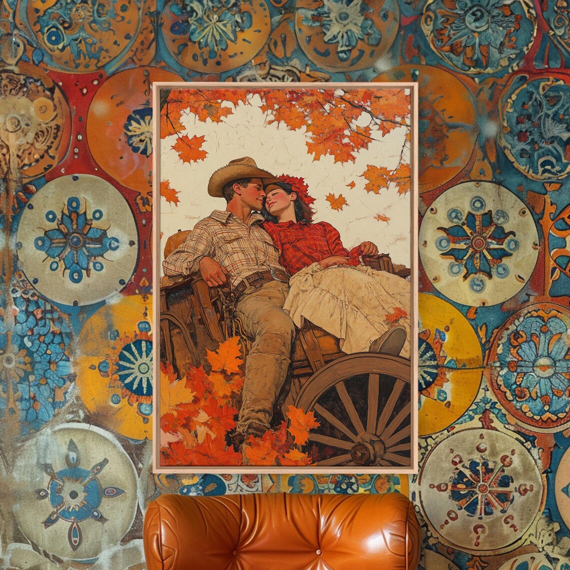 Cowboy Couple Kissing In Wooden Wagon Autumn Maple Leaves Art Poster - Image 2