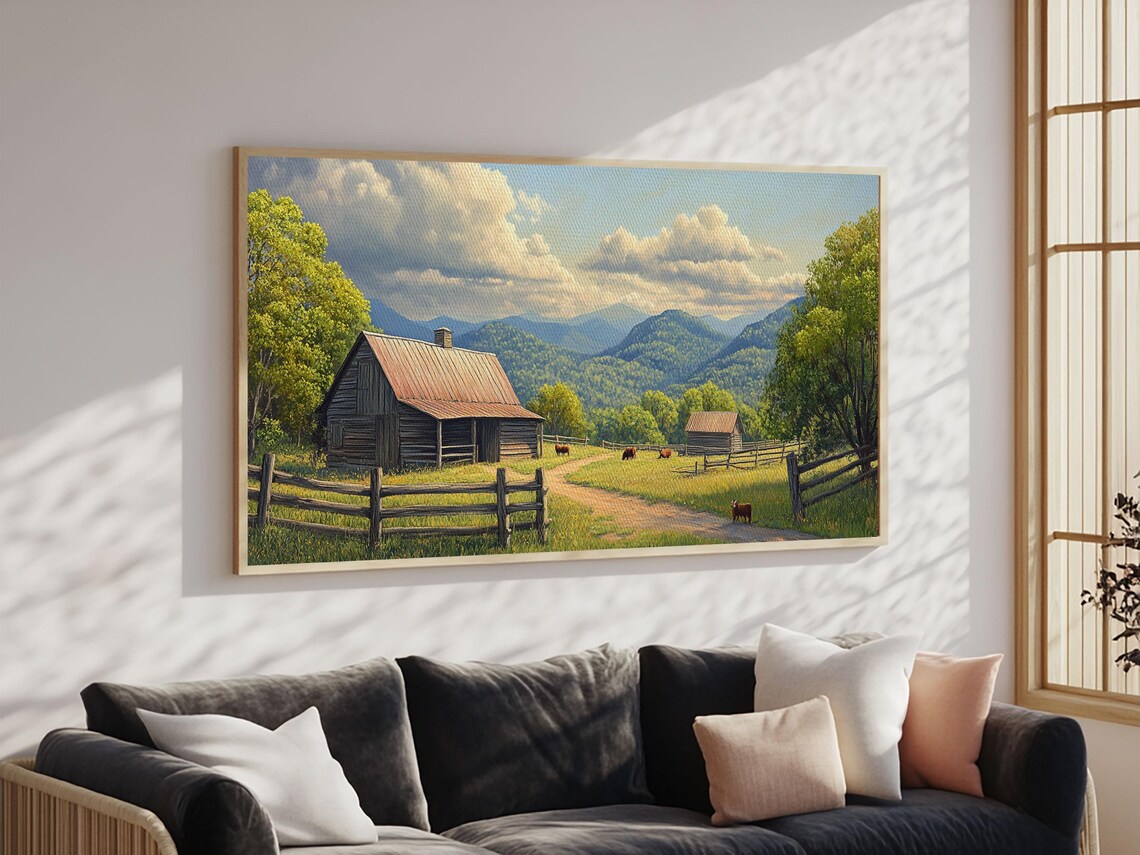 Mountain Farm Homestead Barn Green Valley Cattle Landscape Art Print - Image 6